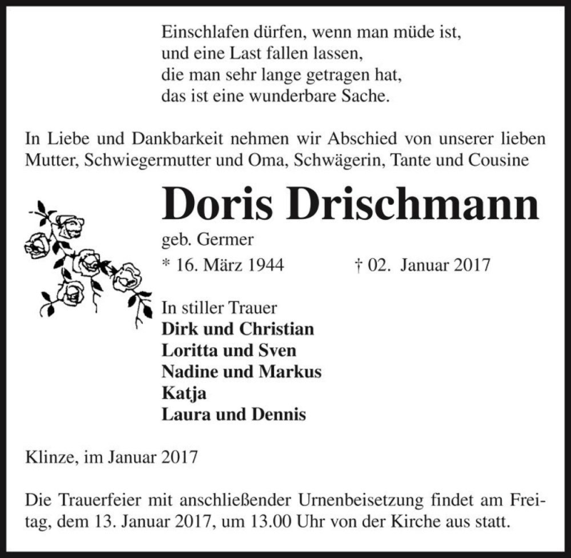  Traueranzeige für Doris Drischmann (geb. Germer)  vom 07.01.2017 aus Magdeburger Volksstimme