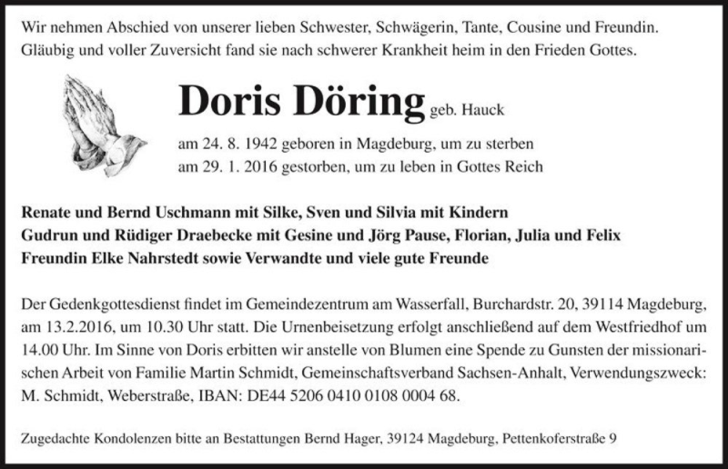  Traueranzeige für Doris Döring (geb. Hauck)  vom 06.02.2016 aus Magdeburger Volksstimme