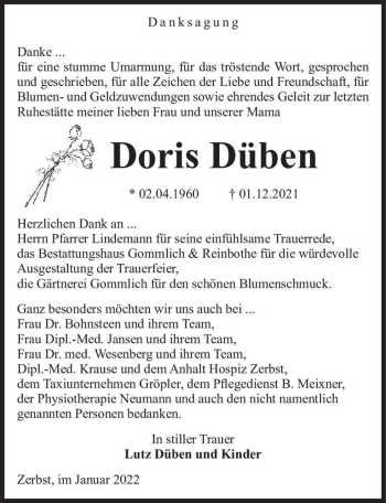 Traueranzeige von Doris Düben  von Magdeburger Volksstimme