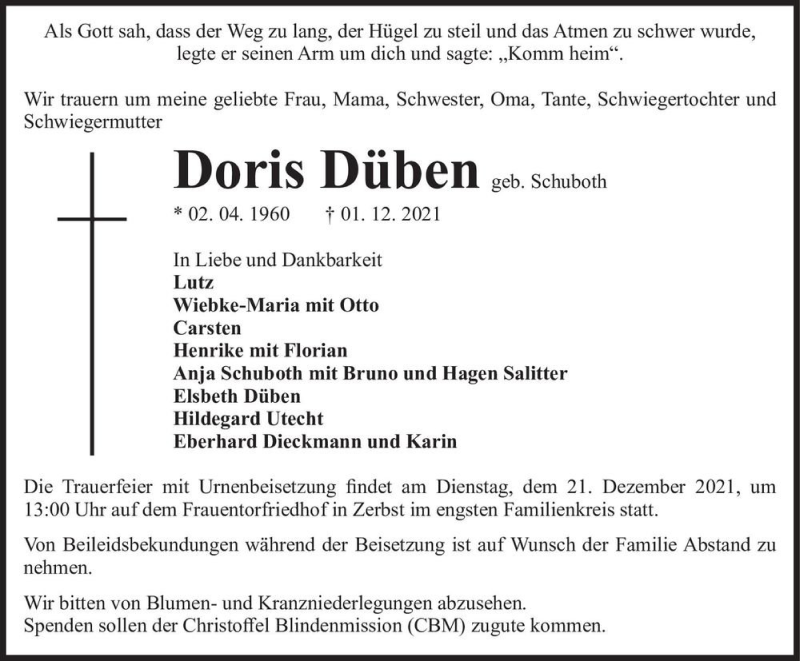 Traueranzeige für Doris Düben (geb. Schuboth)  vom 04.12.2021 aus Magdeburger Volksstimme