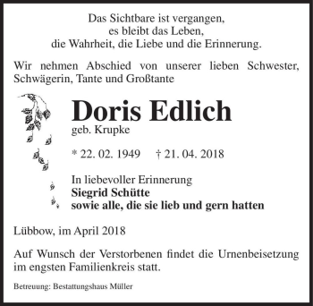Traueranzeige von Doris Edlich (geb. Krupke)  von Magdeburger Volksstimme