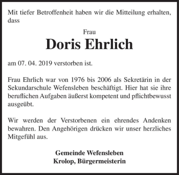 Traueranzeige von Doris Ehrlich  von Magdeburger Volksstimme