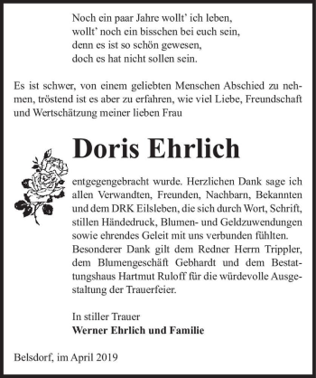 Traueranzeige von Doris Ehrlich  von Magdeburger Volksstimme