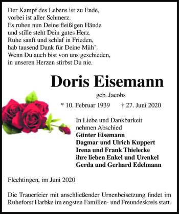 Traueranzeige von Doris Eisemann (geb. Jacobs)  von Magdeburger Volksstimme
