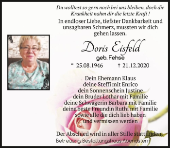 Traueranzeige von Doris Eisfeld (geb. Fehse)  von Magdeburger Volksstimme