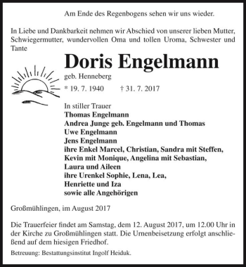 Traueranzeige von Doris Engelmann (geb. Henneberg)  von Magdeburger Volksstimme