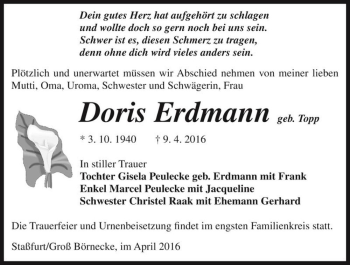 Traueranzeige von Doris Erdmann (geb. Topp)  von Magdeburger Volksstimme