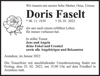 Traueranzeige von Doris Faselt  von Magdeburger Volksstimme