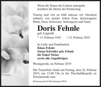 Traueranzeige von Doris Fehnle (geb. Lippoldt)  von Magdeburger Volksstimme