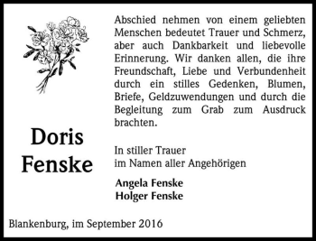 Traueranzeige von Doris Fenske  von Magdeburger Volksstimme