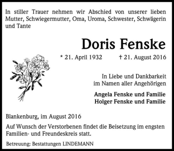 Traueranzeige von Doris Fenske  von Magdeburger Volksstimme