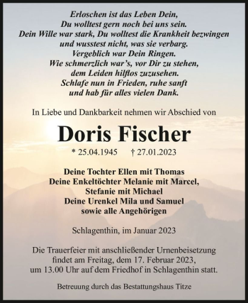 Traueranzeige von Doris Fischer  von Magdeburger Volksstimme