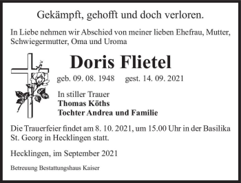 Traueranzeige von Doris Flietel  von Magdeburger Volksstimme
