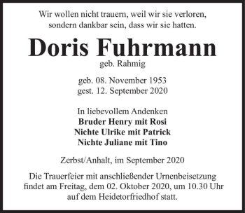 Traueranzeige von Doris Fuhrmann (geb. Rahmig)  von Magdeburger Volksstimme
