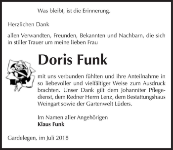 Traueranzeige von Doris Funk  von Magdeburger Volksstimme