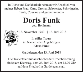 Traueranzeige von Doris Funk (geb. Bohlmann)  von Magdeburger Volksstimme