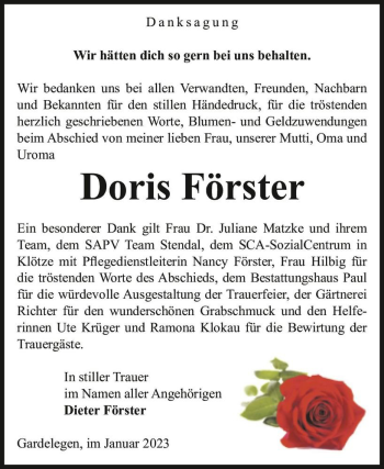 Traueranzeige von Doris Förster  von Magdeburger Volksstimme