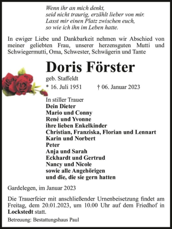Traueranzeige von Doris Förster (geb. Staffeldt)  von Magdeburger Volksstimme