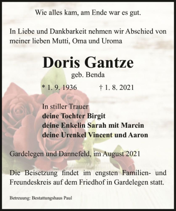 Traueranzeige von Doris Gantze (geb. Benda)  von Magdeburger Volksstimme