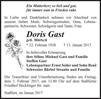 Traueranzeige von Doris Gast (geb. Märtsch)  von Magdeburger Volksstimme