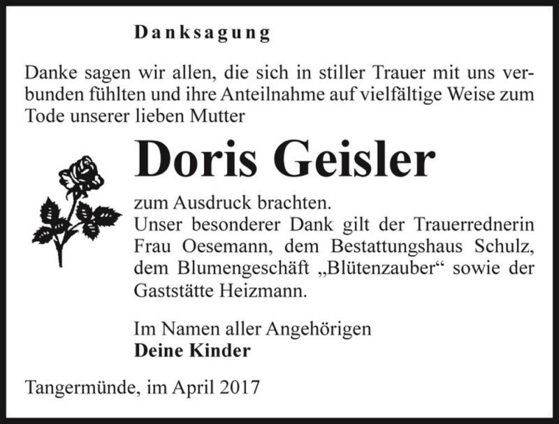  Traueranzeige für Doris Geisler  vom 20.04.2017 aus Magdeburger Volksstimme