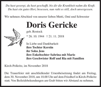 Traueranzeige von Doris Gericke (geb. Rostock)  von Magdeburger Volksstimme