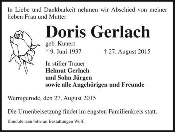 Traueranzeige von Doris Gerlach (geb. Kunert)  von Magdeburger Volksstimme