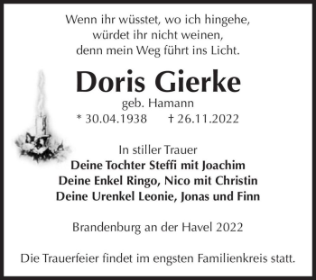 Traueranzeige von Doris Gierke (geb. Hamann)  von Magdeburger Volksstimme