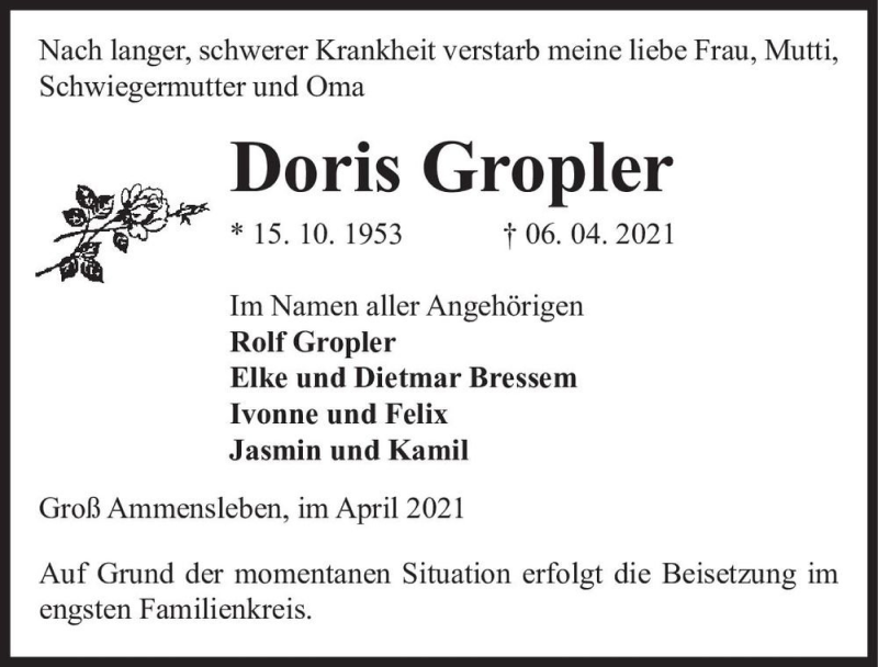  Traueranzeige für Doris Grobler  vom 10.04.2021 aus Magdeburger Volksstimme
