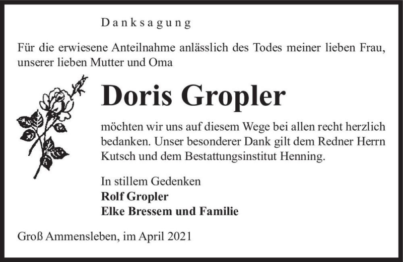  Traueranzeige für Doris Gropler  vom 30.04.2021 aus Magdeburger Volksstimme