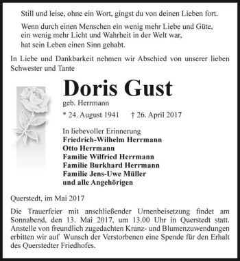 Traueranzeige von Doris Gust (geb. Herrmann)  von Magdeburger Volksstimme
