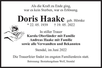 Traueranzeige von Doris Haake (geb. Hörnke)  von Magdeburger Volksstimme
