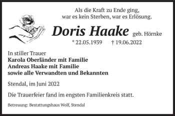 Traueranzeige von Doris Haake (geb. Hörnke)  von Magdeburger Volksstimme