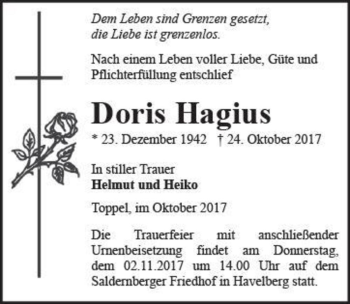 Traueranzeige von Doris Hagius  von Magdeburger Volksstimme