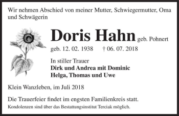 Traueranzeige von Doris Hahn (geb. Pohnert)  von Magdeburger Volksstimme