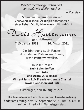 Traueranzeige von Doris Hartmann (geb. Hoffmann)  von Magdeburger Volksstimme