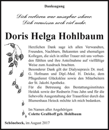 Traueranzeige von Doris Helga Hohlbaum  von Magdeburger Volksstimme