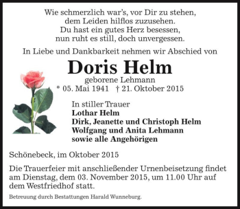 Traueranzeige von Doris Helm (geb. Lehmann)  von Magdeburger Volksstimme