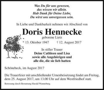 Traueranzeige von Doris Hennecke (geb. Lietz)  von Magdeburger Volksstimme