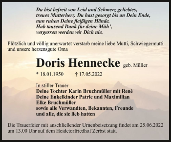 Traueranzeige von Doris Hennecke (geb. Müller)  von Magdeburger Volksstimme