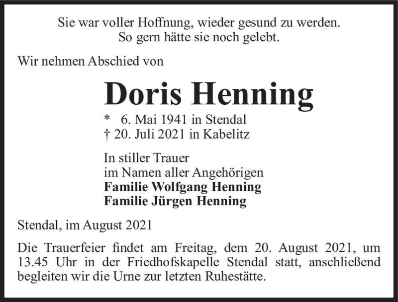  Traueranzeige für Doris Henning  vom 13.08.2021 aus Magdeburger Volksstimme