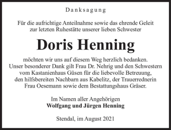 Traueranzeige von Doris Henning  von Magdeburger Volksstimme