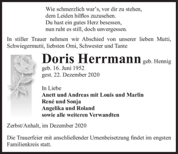 Traueranzeige von Doris Herrmann (geb. Hennig)  von Magdeburger Volksstimme