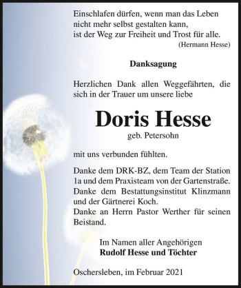 Traueranzeige von Doris Hesse (geb. Petersohn)  von Magdeburger Volksstimme