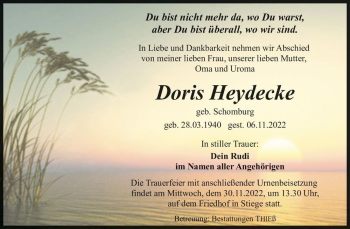 Traueranzeige von Doris Heydecke (geb. Schomburg)  von Magdeburger Volksstimme