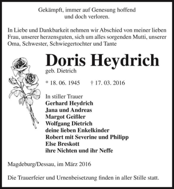 Traueranzeige von Doris Heydrich (geb. Dietrich)  von Magdeburger Volksstimme