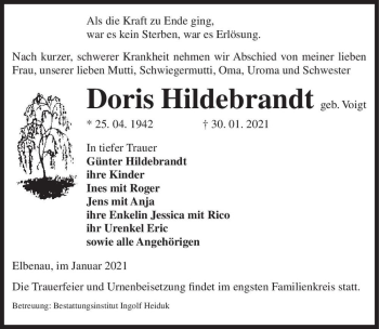 Traueranzeige von Doris Hildebrandt (geb. Voigt)  von Magdeburger Volksstimme