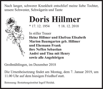 Traueranzeige von Doris Hillmer  von Magdeburger Volksstimme