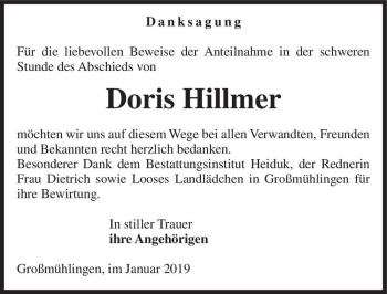 Traueranzeige von Doris Hillmer  von Magdeburger Volksstimme