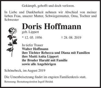 Traueranzeige von Doris Hoffmann (geb. Lippert)  von Magdeburger Volksstimme